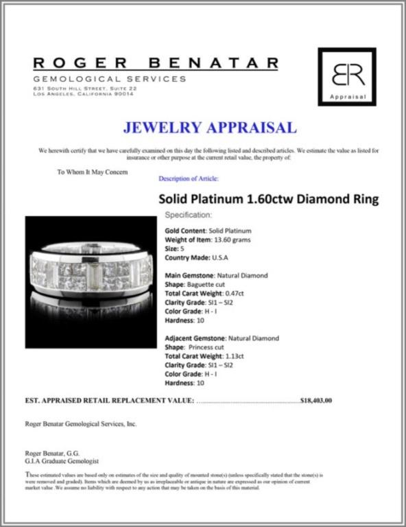 Solid Platinum 1.60ctw Diamond Ring