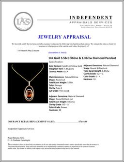 14K Gold 5.58ct Citrine & 1.39ctw Diamond Pendant