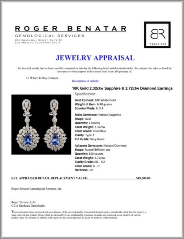 18K Gold 2.32ctw Sapphire & 2.72ctw Diamond Earrin