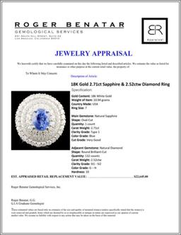 18K Gold 2.71ct Sapphire & 2.52ctw Diamond Ring