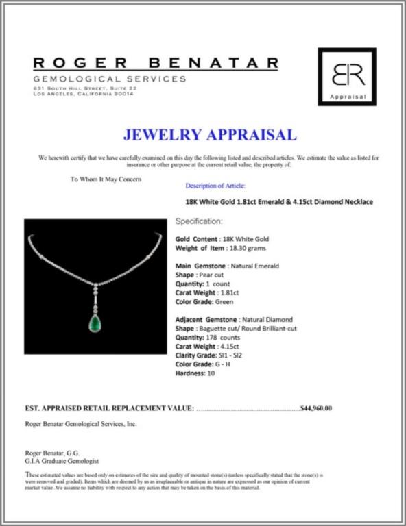 18K White Gold 1.81ct Emerald & 4.15ct Diamond Nec