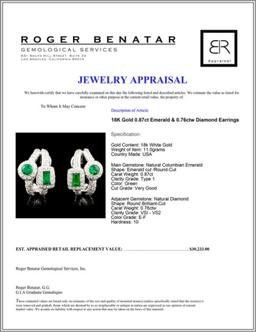 18K Gold 0.87ct Emerald & 0.76ctw Diamond Earrings