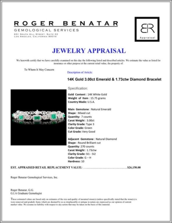 14K Gold 3.00ct Emerald & 1.73ctw Diamond Bracelet