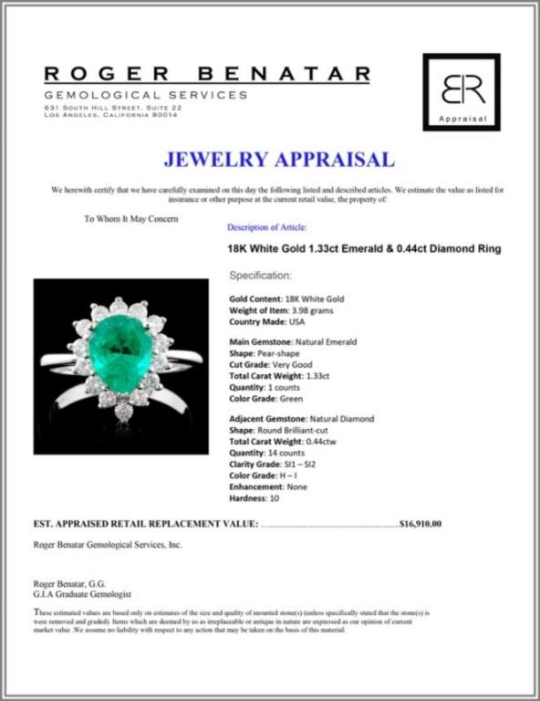 18K White Gold 1.33ct Emerald & 0.44ct Diamond Rin