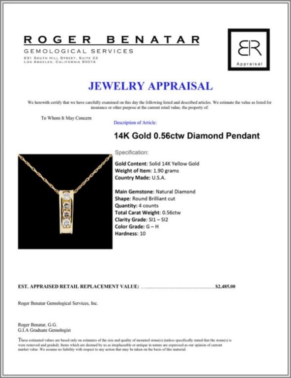 14K Gold 0.56ctw Diamond Pendant