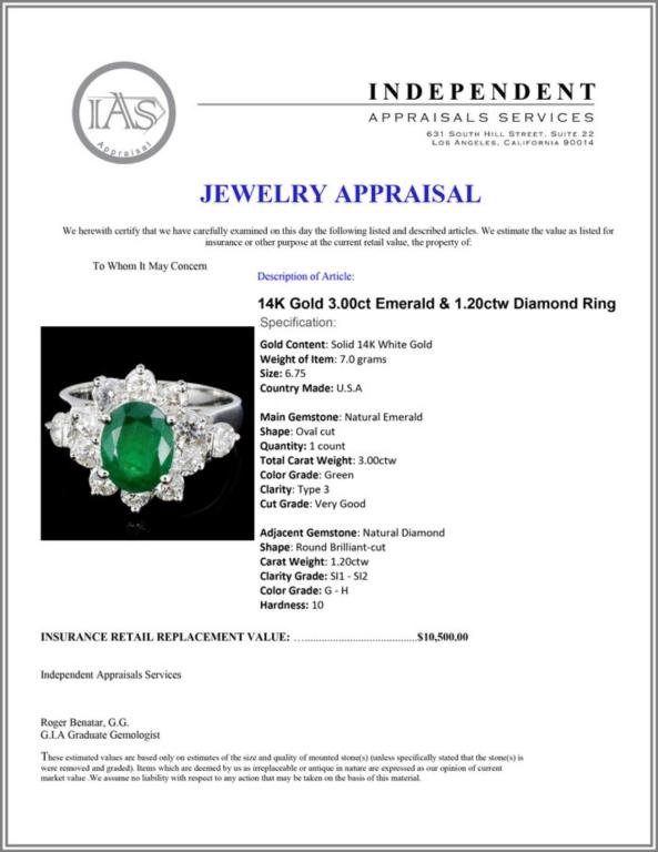 14K Gold 3.00ct Emerald & 1.20ctw Diamond Ring