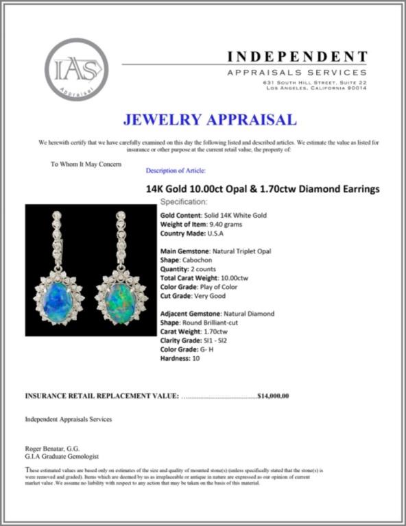 14K Gold 10.00ct Opal & 1.70ctw Diamond Earrings