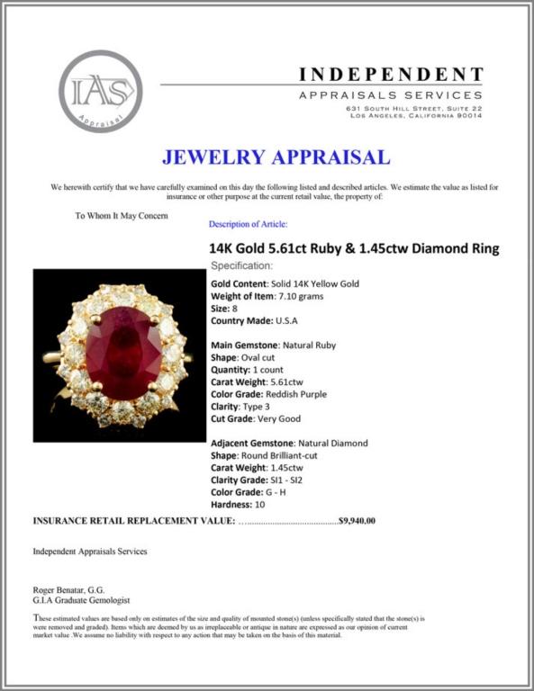 14K Gold 5.61ct Ruby & 1.45ctw Diamond Ring