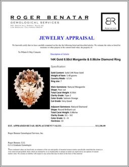 14K Gold 8.50ct Morganite & 0.86ctw Diamond Ring