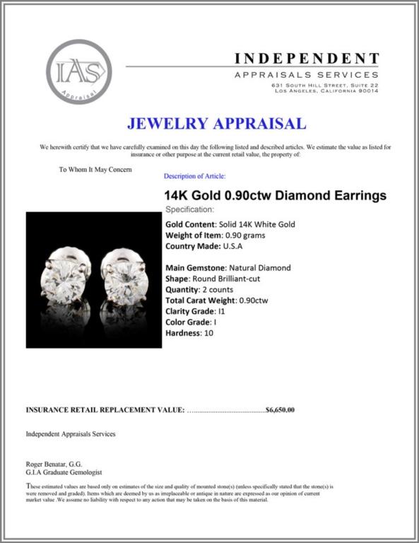 14K Gold 0.90ctw Diamond Earrings