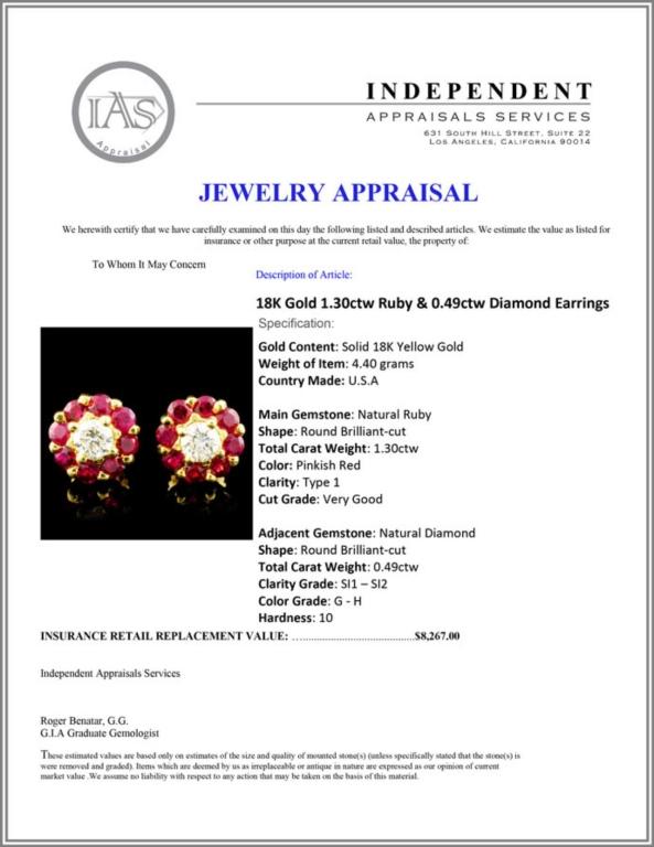 18K Gold 1.30ctw Ruby & 0.49ctw Diamond Earrings