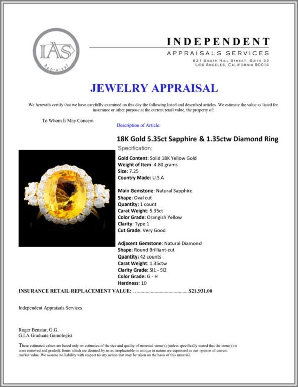 18K Gold 5.35ct Sapphire & 1.35ctw Diamond Ring