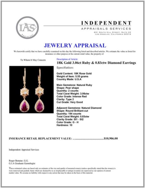 18K Gold 3.06ct Ruby & 0.83ctw Diamond Earrings