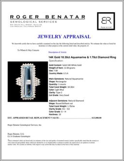 14K Gold 10.30ct Aquamarine & 1.70ct Diamond Ring