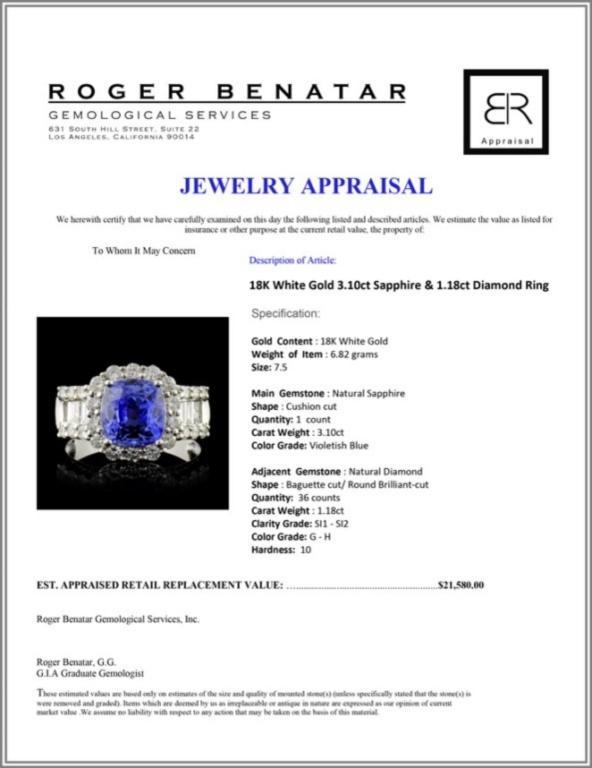 18K White Gold 3.10ct Sapphire & 1.18ct Diamond Ri