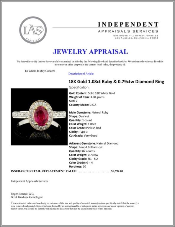 18K Gold 1.08ct Ruby & 0.79ctw Diamond Ring