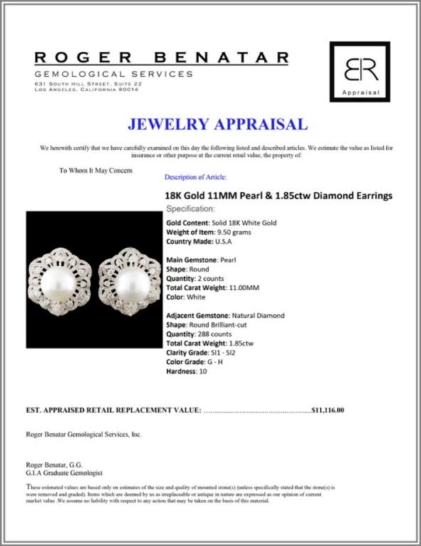 18K Gold 11MM Pearl & 1.85ctw Diamond Earrings