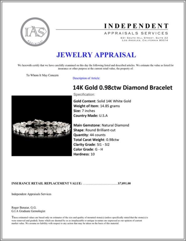 14K Gold 0.98ctw Diamond Bracelet