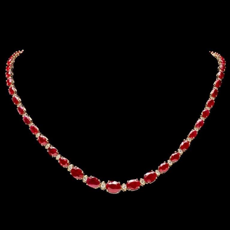 14k Gold 30.00ct Ruby & 1.50ct Diamond Necklace