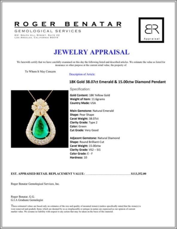 18K Gold 38.07ct Emerald & 15.00ctw Diamond Pendan