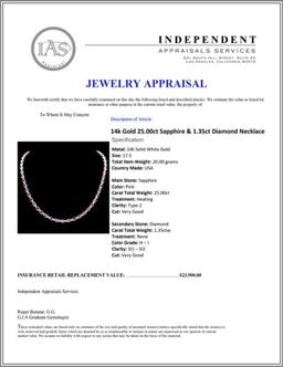 14k Gold 25.00ct Sapphire & 1.35ct Diamond Neckla