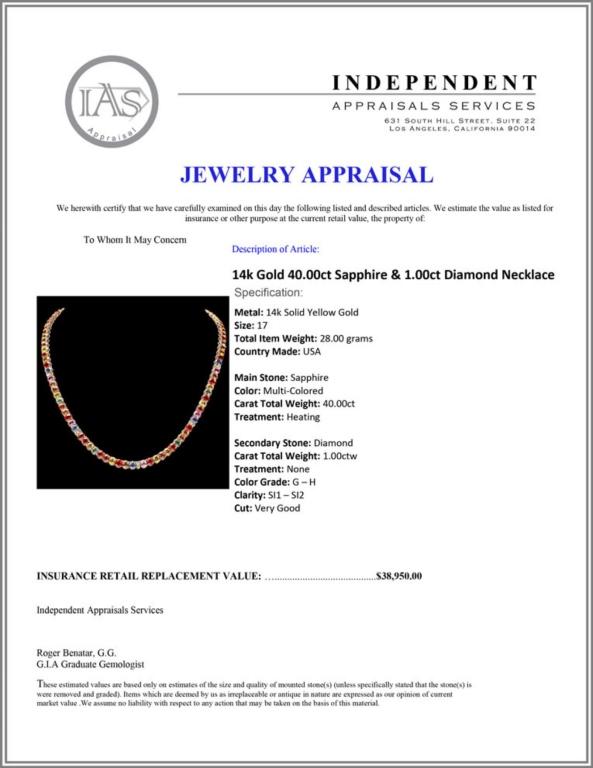 14k Gold 40.00ct Sapphire & 1.00ct Diamond Neckla