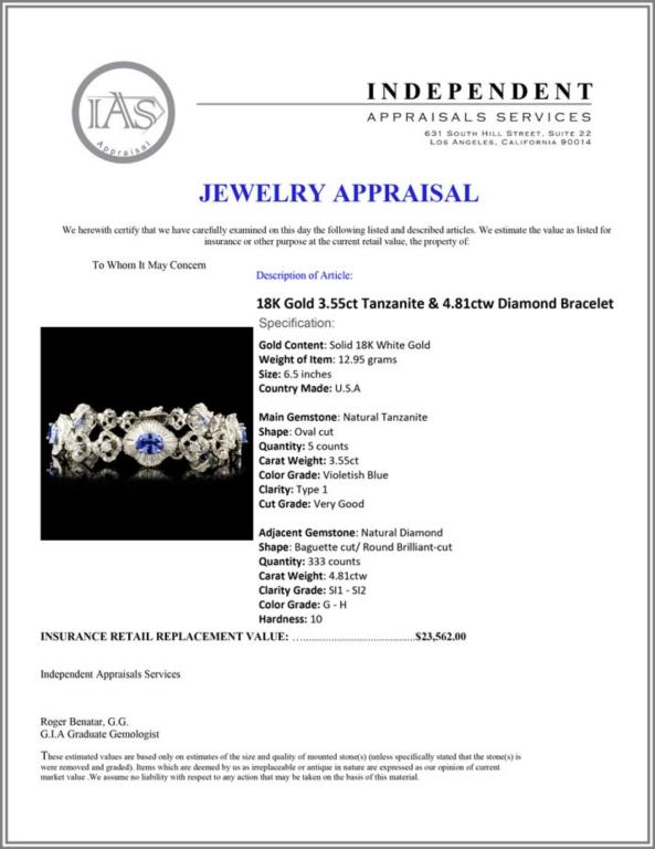 18K Gold 3.55ct Tanzanite & 4.81ctw Diamond Bracel