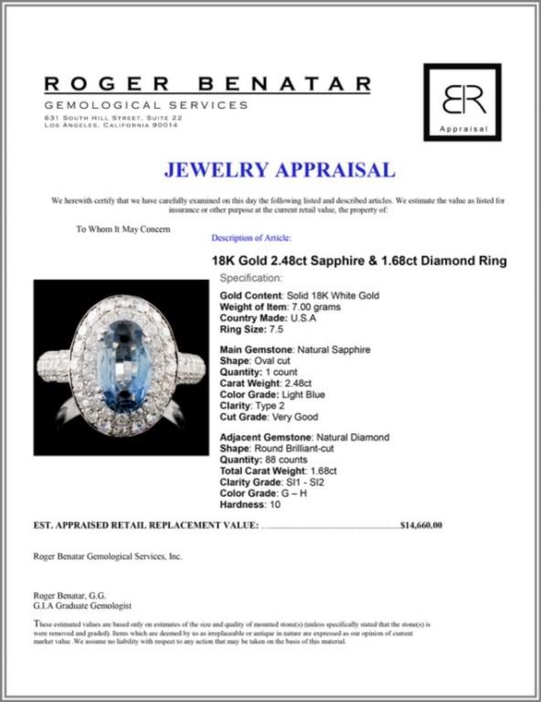 18K Gold 2.48ct Sapphire & 1.68ct Diamond Ring