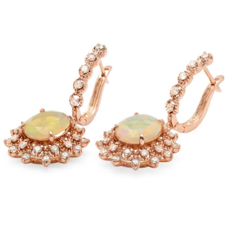 14K Gold 4.00ct Opal & 1.40ct Diamond Earrings