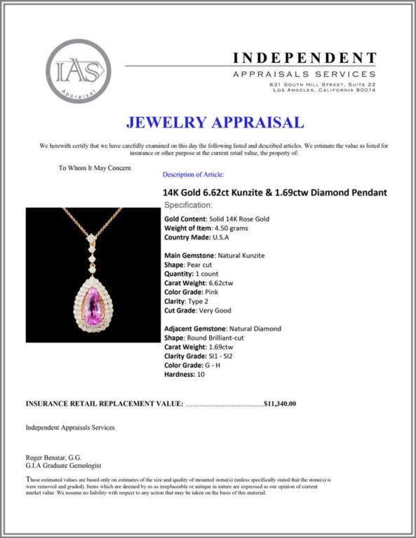 14K Gold 6.62ct Kunzite & 1.69ctw Diamond Pendant