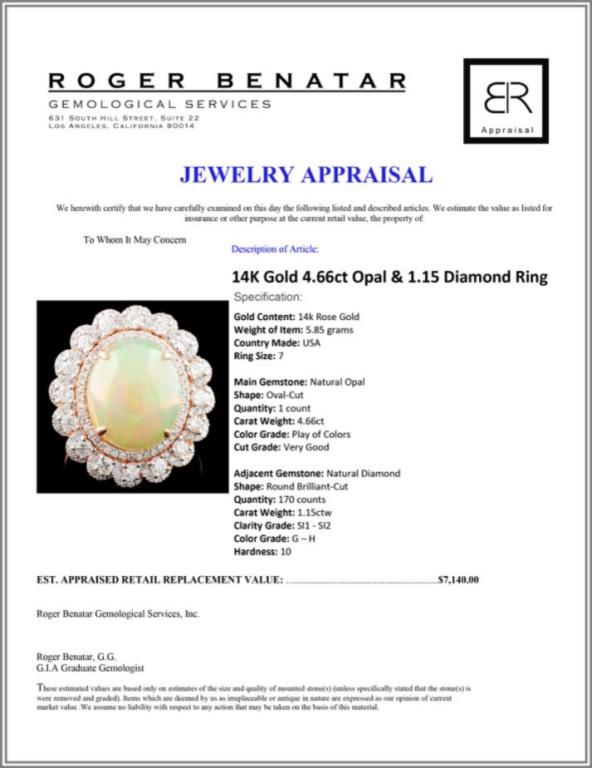 14K Gold 4.66ct Opal & 1.15 Diamond Ring
