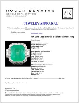 18K Gold 7.93ct Emerald & 1.67ctw Diamond Ring