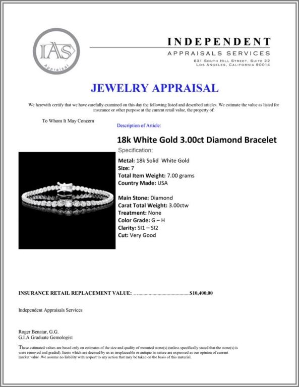 ^18k White Gold 3.00ct Diamond Bracelet