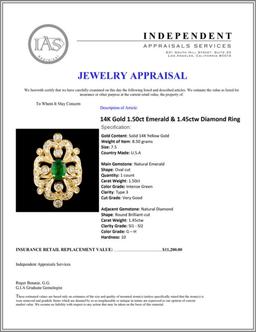 14K Gold 1.50ct Emerald & 1.45ctw Diamond Ring