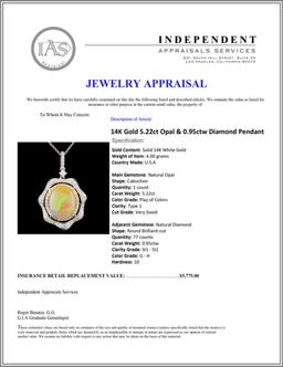 14K Gold 5.22ct Opal & 0.95ctw Diamond Pendant
