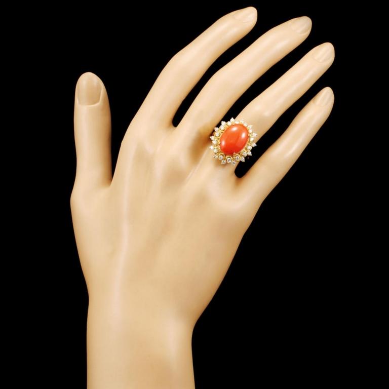 14K Gold 6.00ct Coral & 0.75ctw Diamond Ring