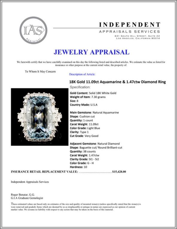 18K Gold 11.09ct Aquamarine & 1.47ctw Diamond Ring