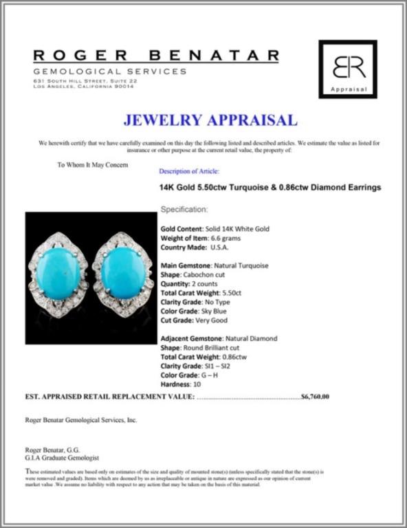 14K Gold 5.50ctw Turquoise & 0.86ctw Diamond Earri