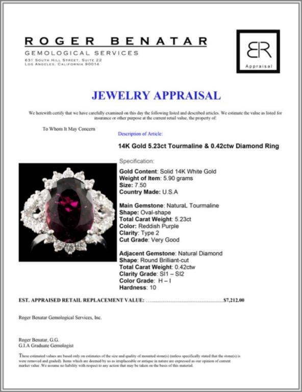14K Gold 5.23ct Tourmaline & 0.42ctw Diamond Ring