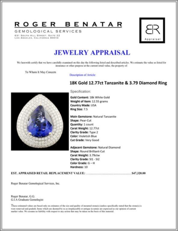18K Gold 12.77ct Tanzanite & 3.79 Diamond Ring