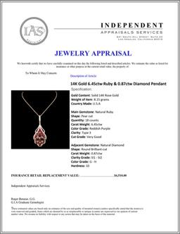 14K Gold 6.45ctw Ruby & 0.87ctw Diamond Pendant