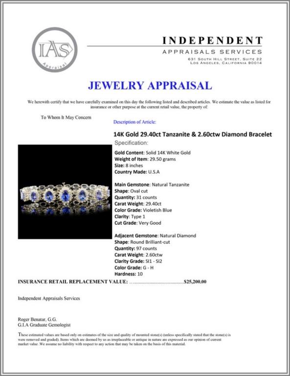 14K Gold 29.40ct Tanzanite & 2.60ctw Diamond Brace