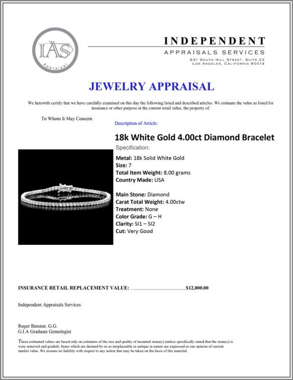 18k White Gold 4.00ct Diamond Bracelet