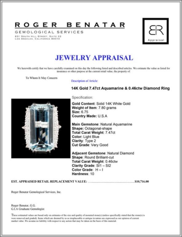 14K Gold 7.47ct Aquamarine & 0.46ctw Diamond Ring