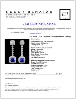 14K Gold 3.11ct Tanzanite & 0.99ct Diamond Earring