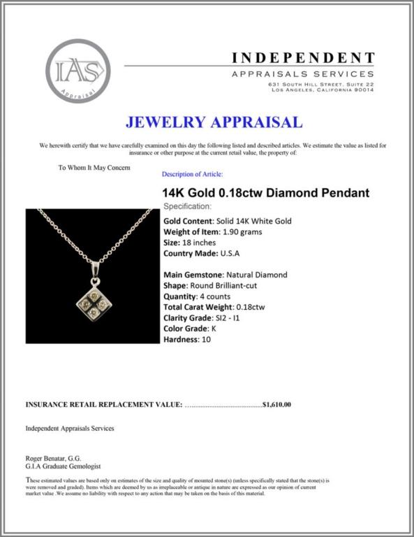 14K Gold 0.18ctw Diamond Pendant