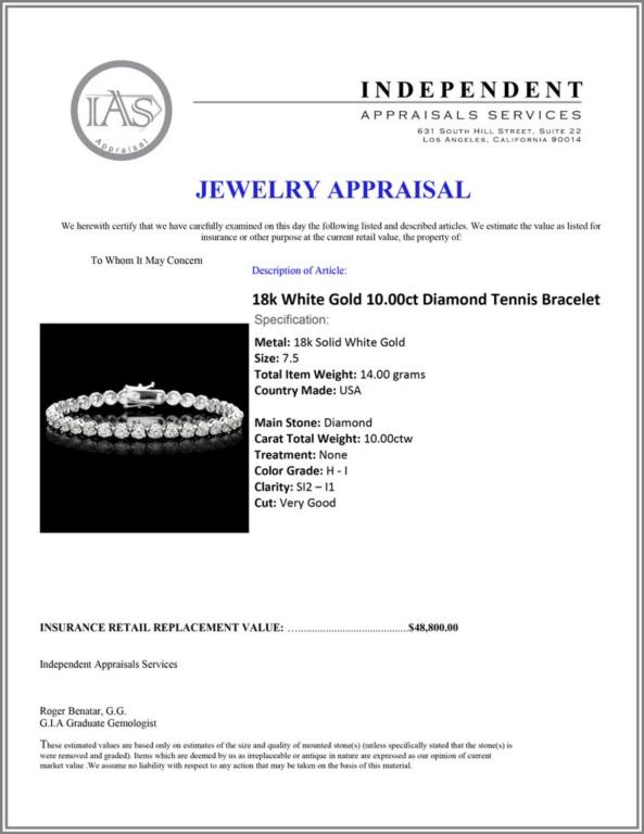 18k White Gold 10.00ct Diamond Tennis Bracelet