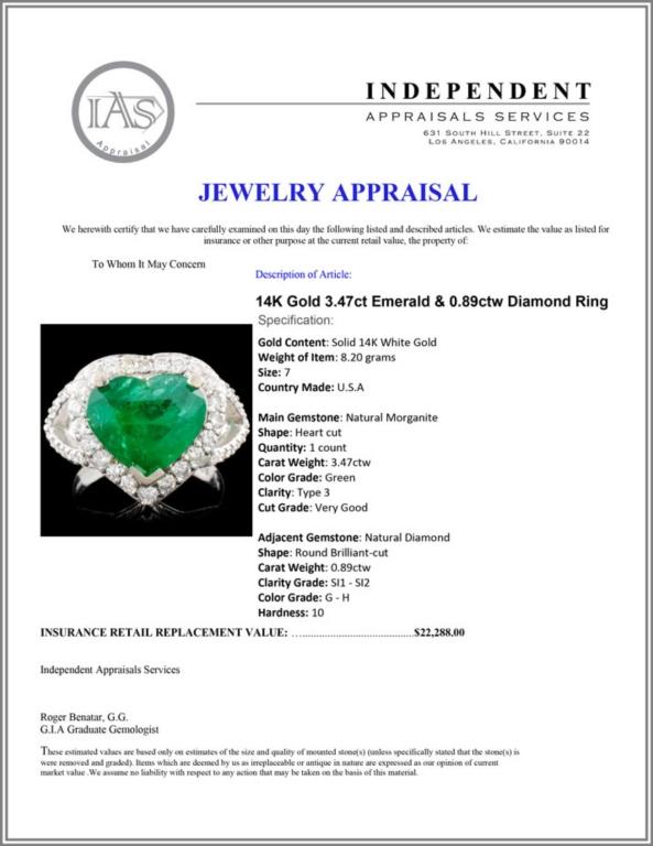 14K Gold 3.47ct Emerald & 0.89ctw Diamond Ring