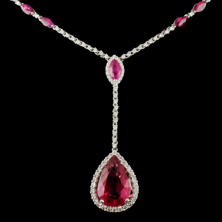 14K Gold 9.94ct Rubellite & 1.56ctw Diamond Neckla