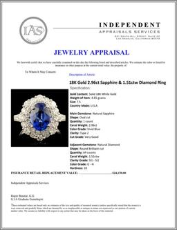 18K Gold 2.96ct Sapphire & 1.51ctw Diamond Ring
